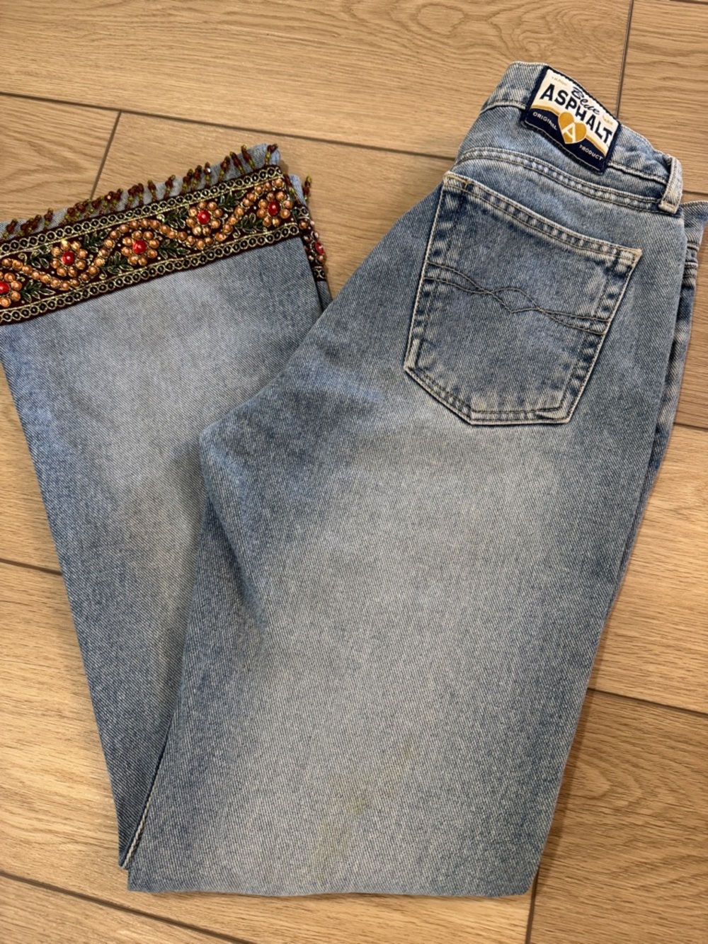 Y2k Blue Asphalt Boot Cut Beaded Cuffed Jeans Size 7 Retro Beaded Boho Festival